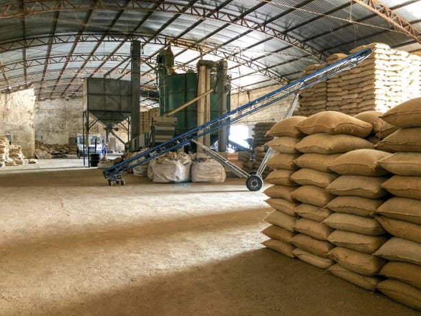 Interior of an agricultural warehouse with stacked sacks, conveyor equipment, and processing machinery.